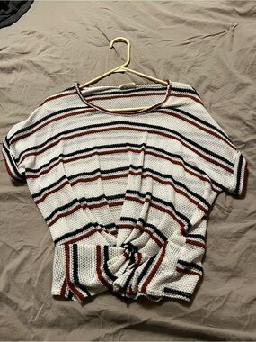 Striped Knit Twist-Front Women’s Top - Cream with Black & Brown Stripes